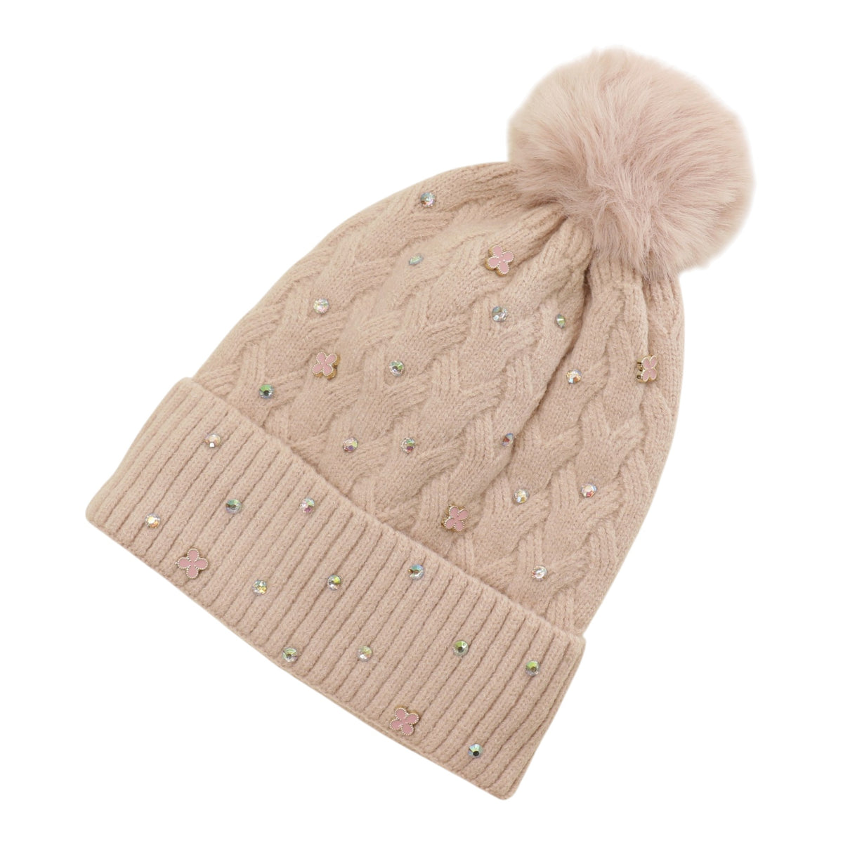 Pom Pom Knitted Beanie With Rhinestone H20-60 (12PC)