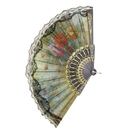 Black Floral Lace Trim Hand Held Folding Fan JF6323-5 (12PC)