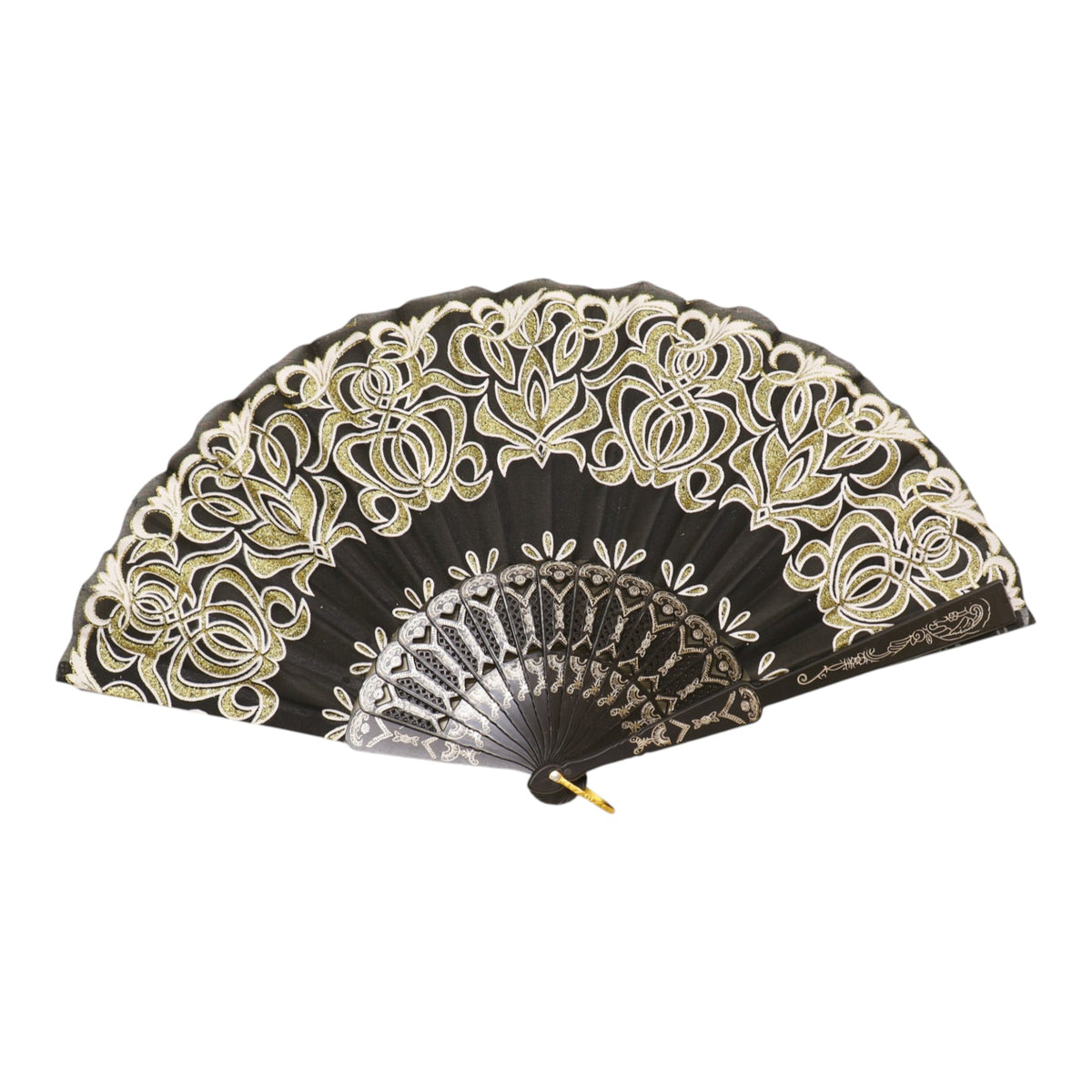 Black Floral Gold Glitter Black Frame Hand Held Folding Fan SZ08 (12PC)