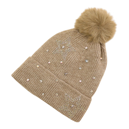 Pom Pom Knitted Beanie With Rhinestone H20-59 (12PC)