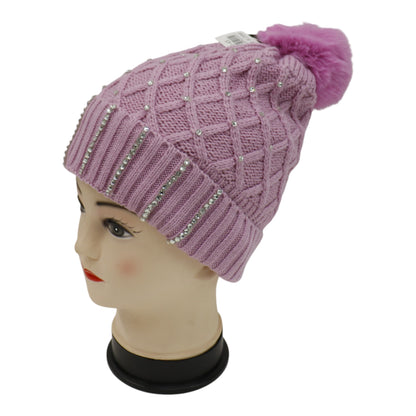 Pom Pom Rhinestone Decor Beanie H20-45. (12PC)
