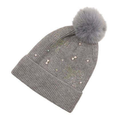 Pom Pom Knitted Beanie With Rhinestone H20-57 (12PC)
