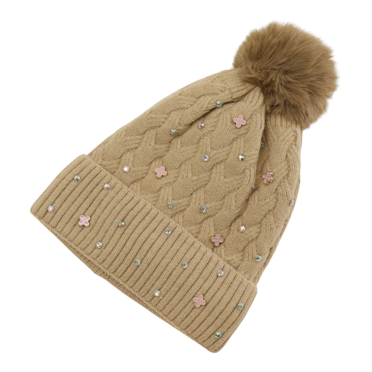 Pom Pom Knitted Beanie With Rhinestone H20-60 (12PC)