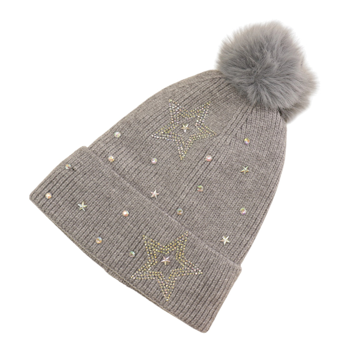 Pom Pom Knitted Beanie With Rhinestone H20-59 (12PC)