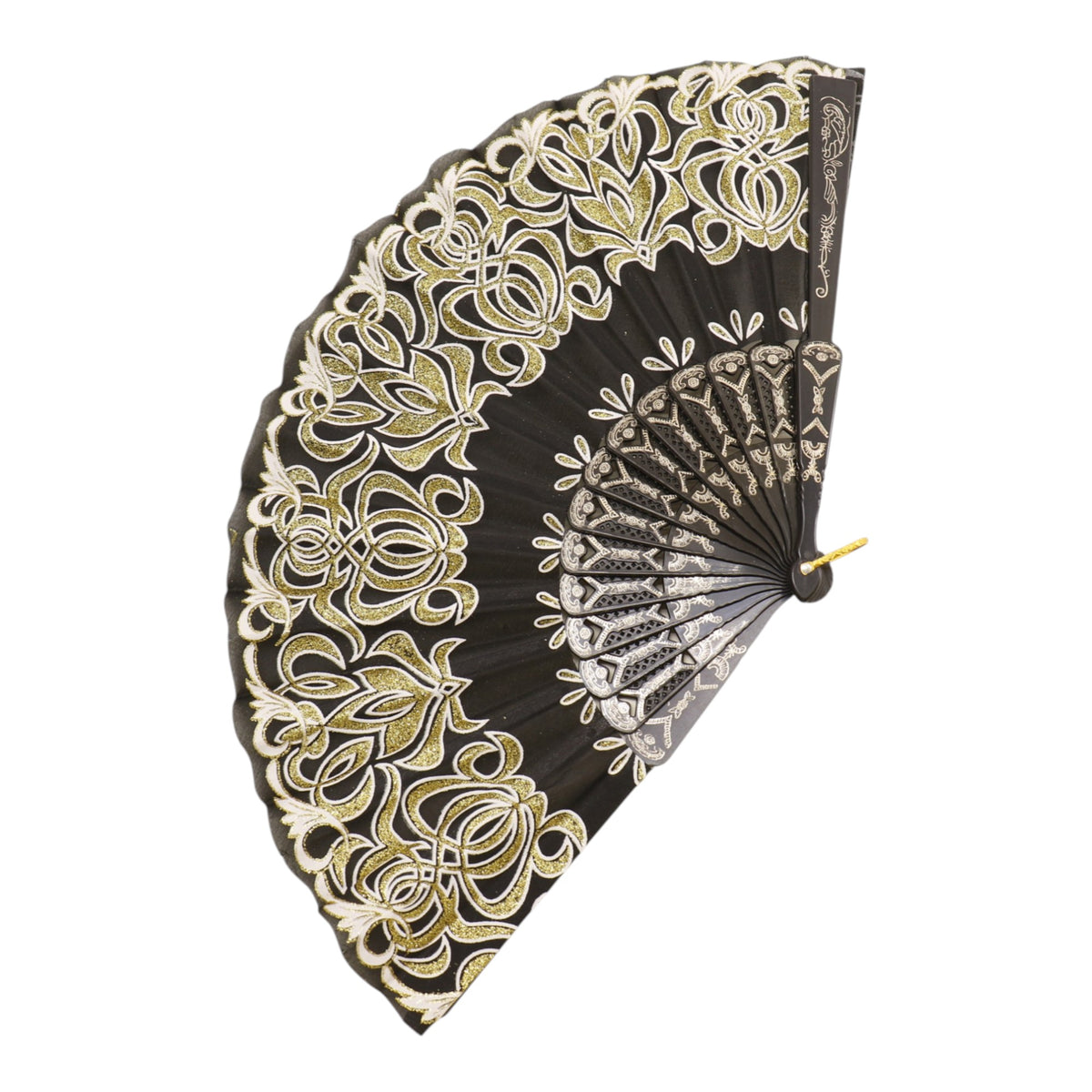 Black Floral Gold Glitter Black Frame Hand Held Folding Fan SZ08 (12PC)