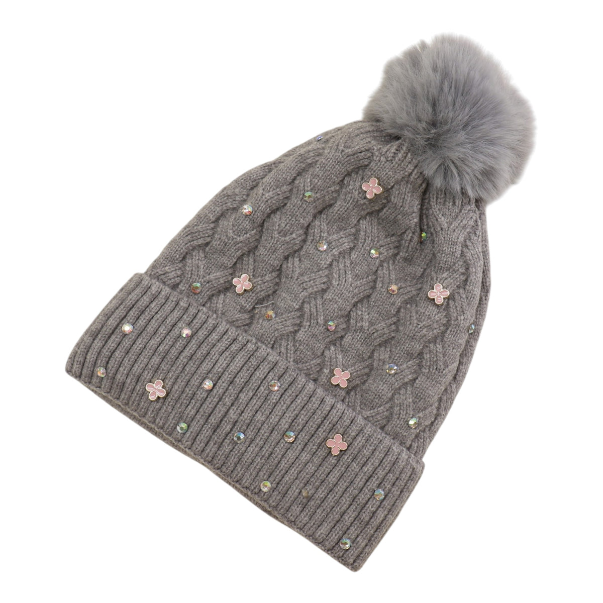 Pom Pom Knitted Beanie With Rhinestone H20-60 (12PC)