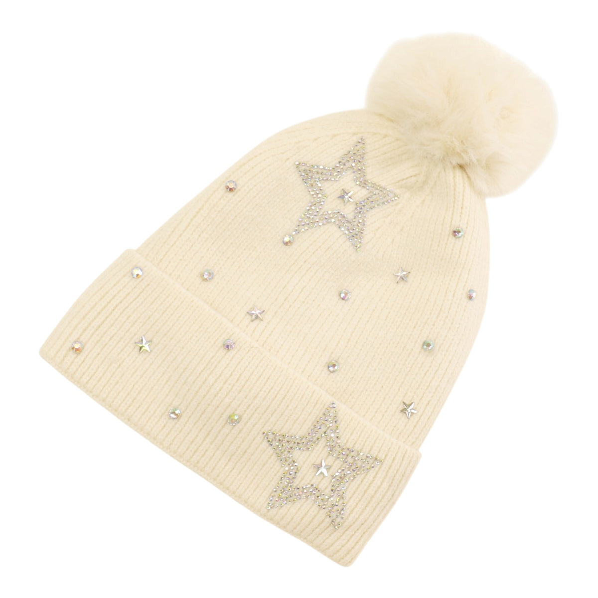 Pom Pom Knitted Beanie With Rhinestone H20-59 (12PC)