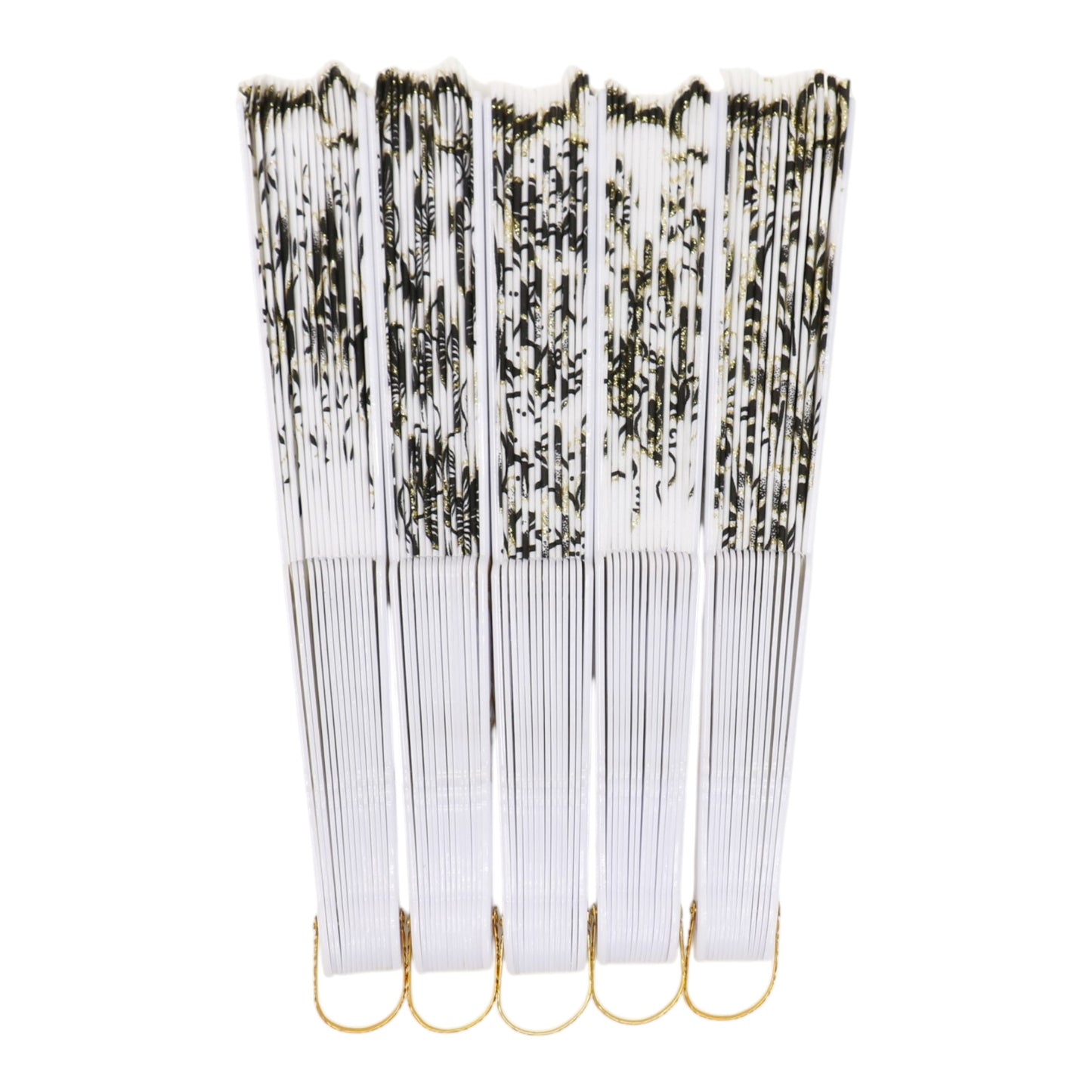 Black Floral Gold Glitter White Frame Hand Held Folding Fan JF6323-3 (12PC)