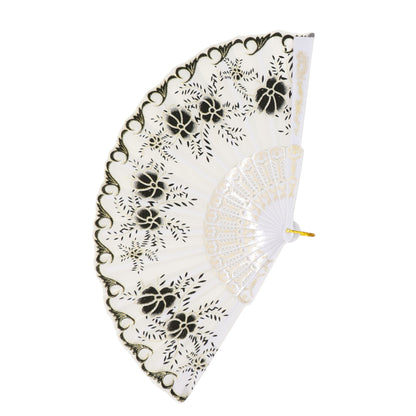 Black Floral Gold Glitter White Frame Hand Held Folding Fan JF6323-3 (12PC)