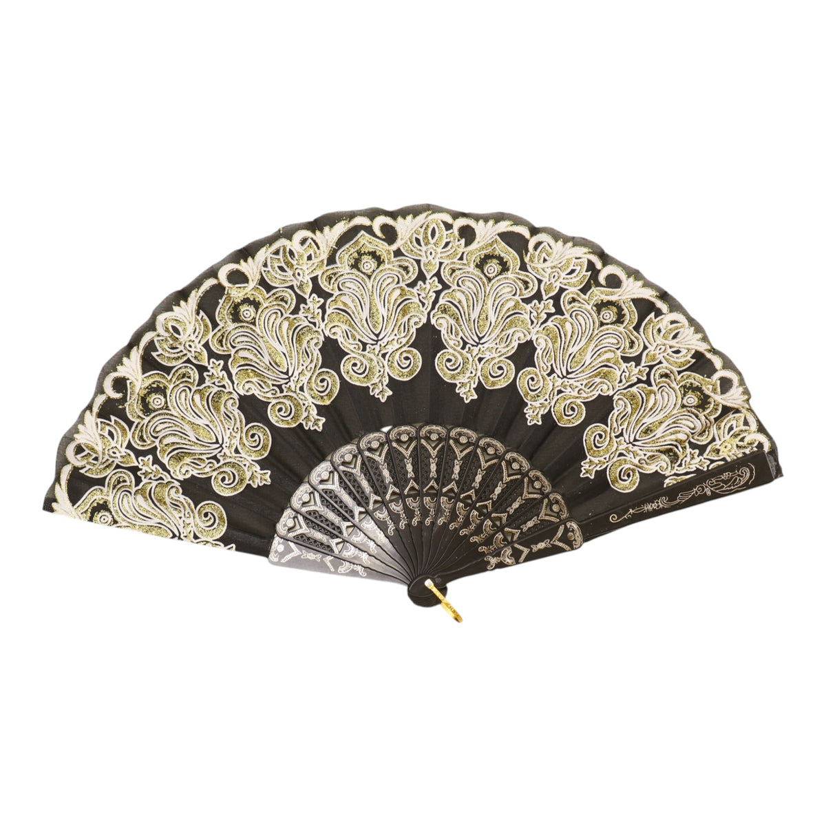 Black Floral Gold Glitter Black Frame Hand Held Folding Fan SZ08 (12PC)