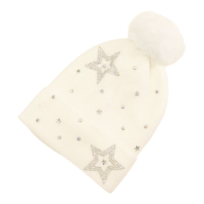Pom Pom Knitted Beanie With Rhinestone H20-59 (12PC)