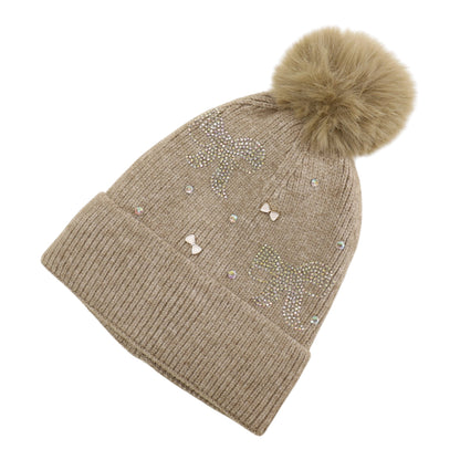 Pom Pom Knitted Beanie With Rhinestone H20-57 (12PC)