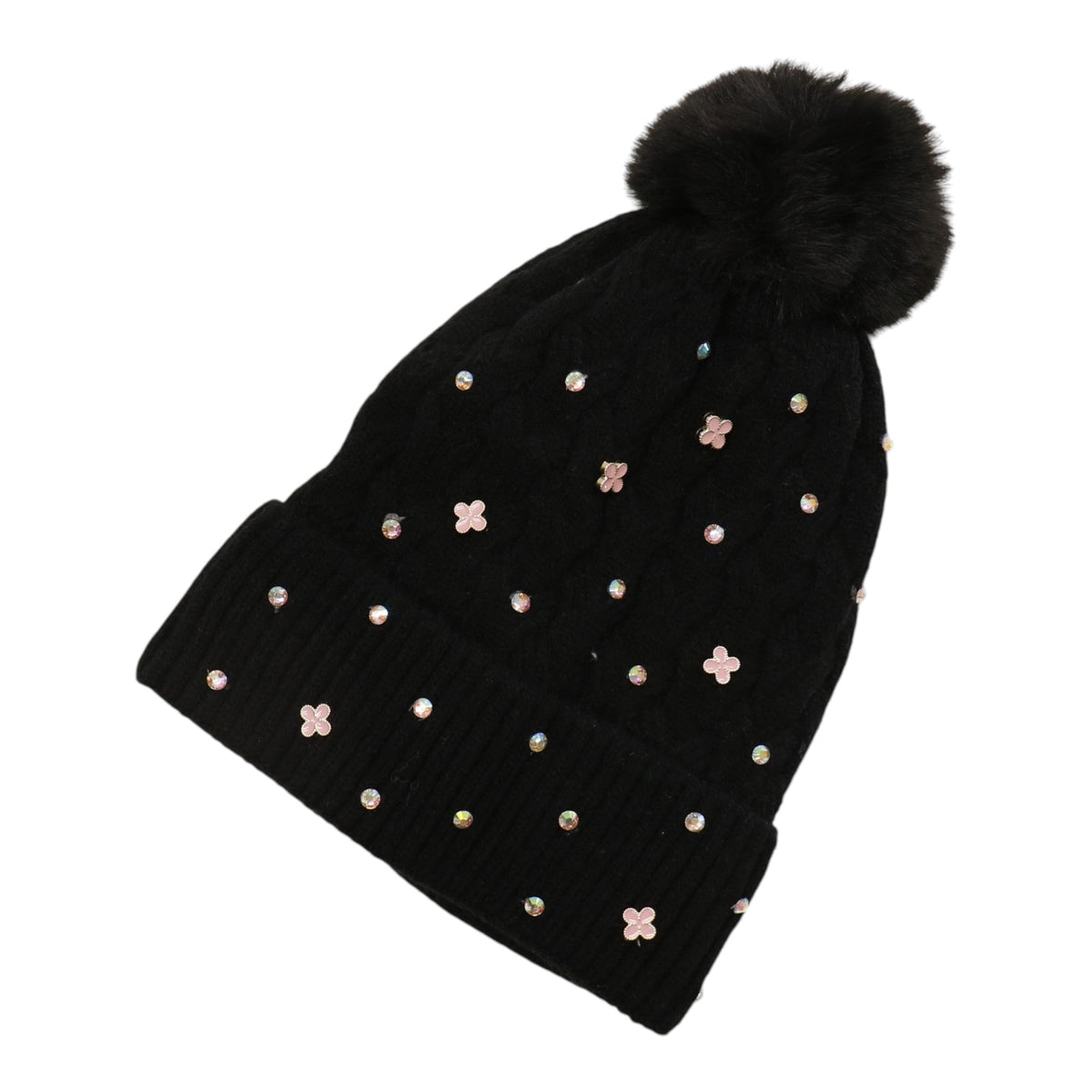 Pom Pom Knitted Beanie With Rhinestone H20-60 (12PC)