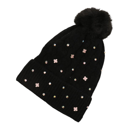 Pom Pom Knitted Beanie With Rhinestone H20-60 (12PC)