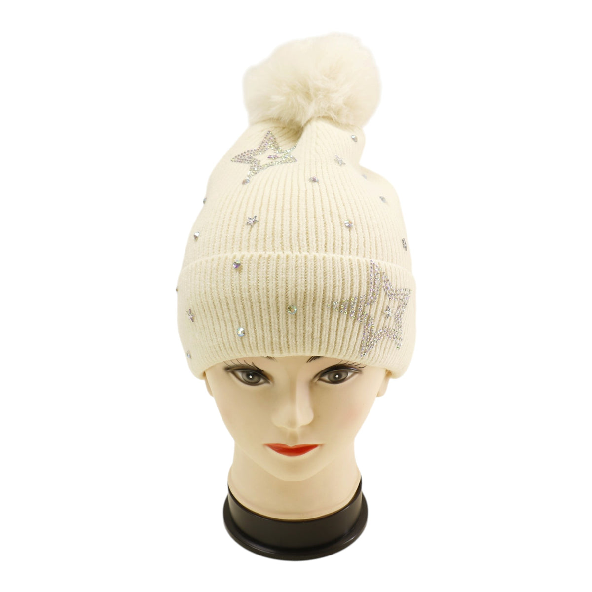 Pom Pom Knitted Beanie With Rhinestone H20-59 (12PC)