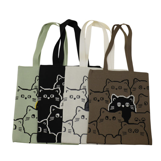 Cute Cat Pattern Knitted Tote Shoulder Bag JB6113-2. (12PC)