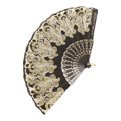 Black Floral Gold Glitter Black Frame Hand Held Folding Fan SZ08 (12PC)