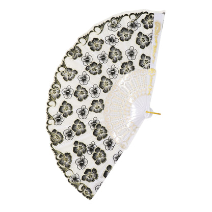 Black Floral Gold Glitter White Frame Hand Held Folding Fan JF6323-3 (12PC)