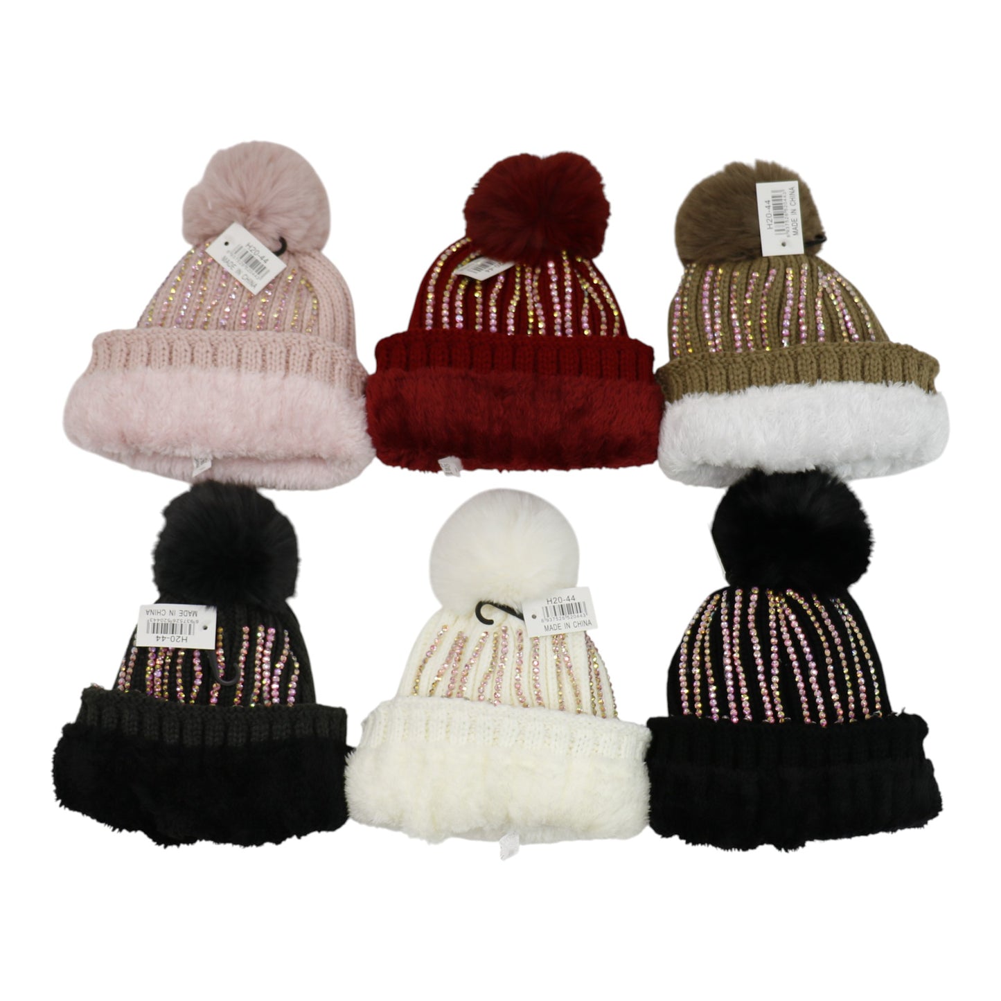 Pom Pom Rhinestone Decor Beanie H20-44. (12PC)