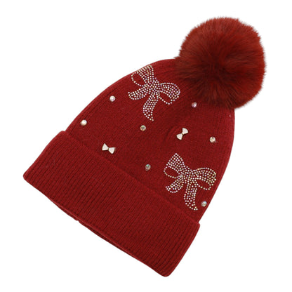 Pom Pom Knitted Beanie With Rhinestone H20-57 (12PC)