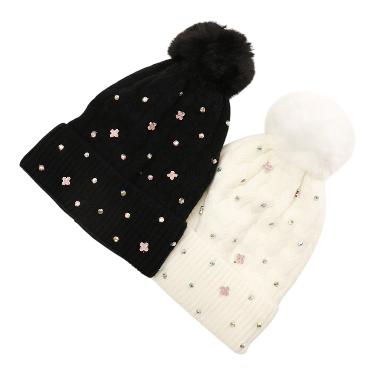 Pom Pom Knitted Beanie With Rhinestone H20-60 (12PC)