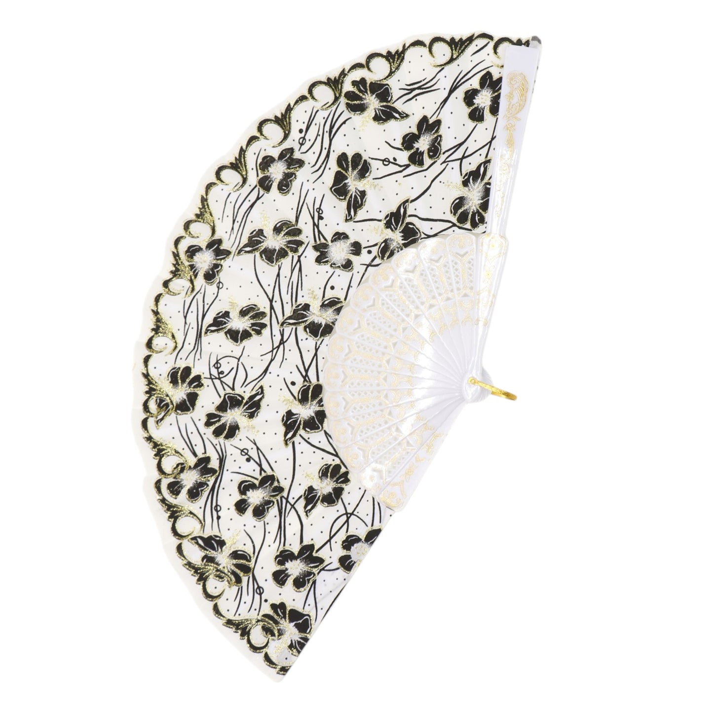 Black Floral Gold Glitter White Frame Hand Held Folding Fan JF6323-3 (12PC)