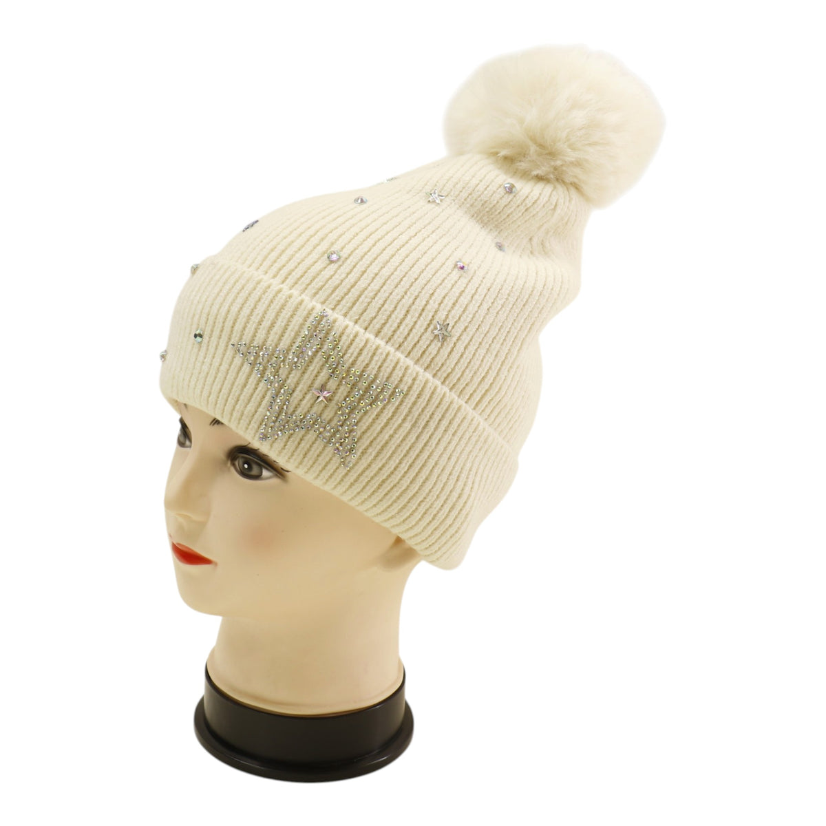 Pom Pom Knitted Beanie With Rhinestone H20-59 (12PC)