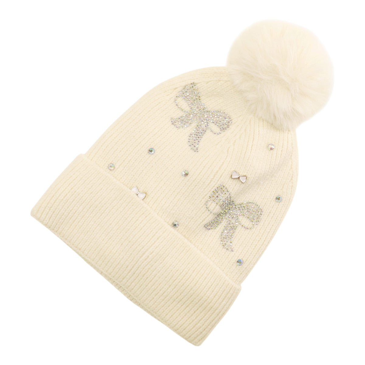 Pom Pom Knitted Beanie With Rhinestone H20-57 (12PC)