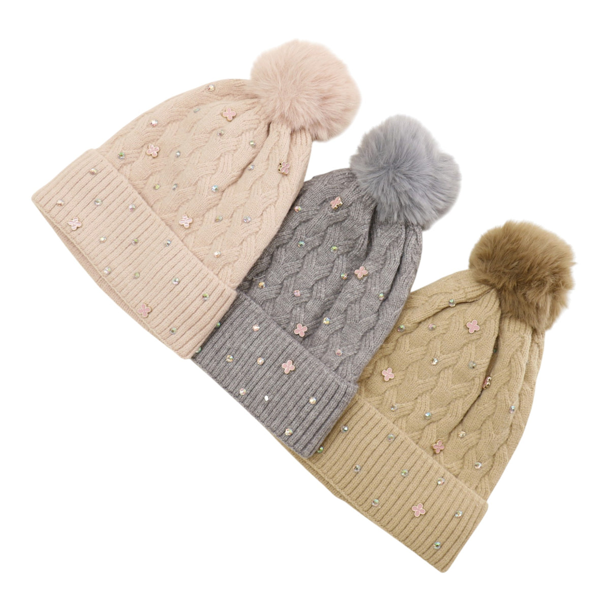 Pom Pom Knitted Beanie With Rhinestone H20-60 (12PC)