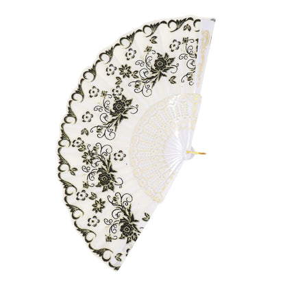 Black Floral Gold Glitter White Frame Hand Held Folding Fan JF6323-3 (12PC)