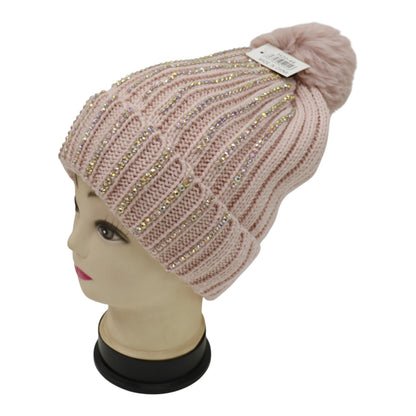 Pom Pom Rhinestone Decor Beanie H20-44. (12PC)