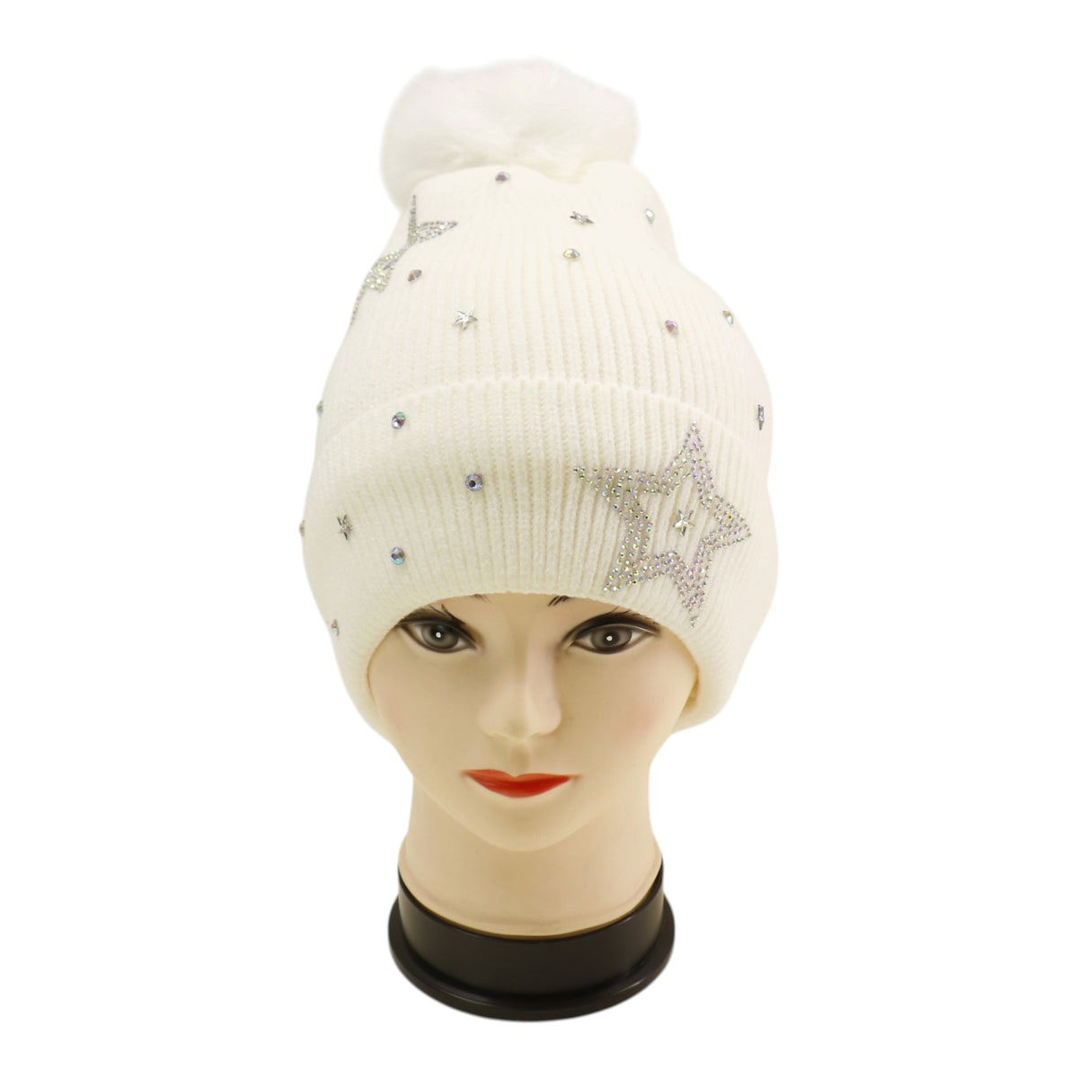 Pom Pom Knitted Beanie With Rhinestone H20-59 (12PC)