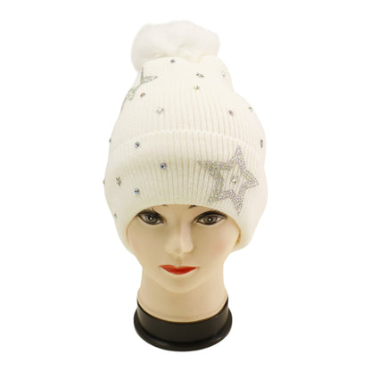 Pom Pom Knitted Beanie With Rhinestone H20-59 (12PC)
