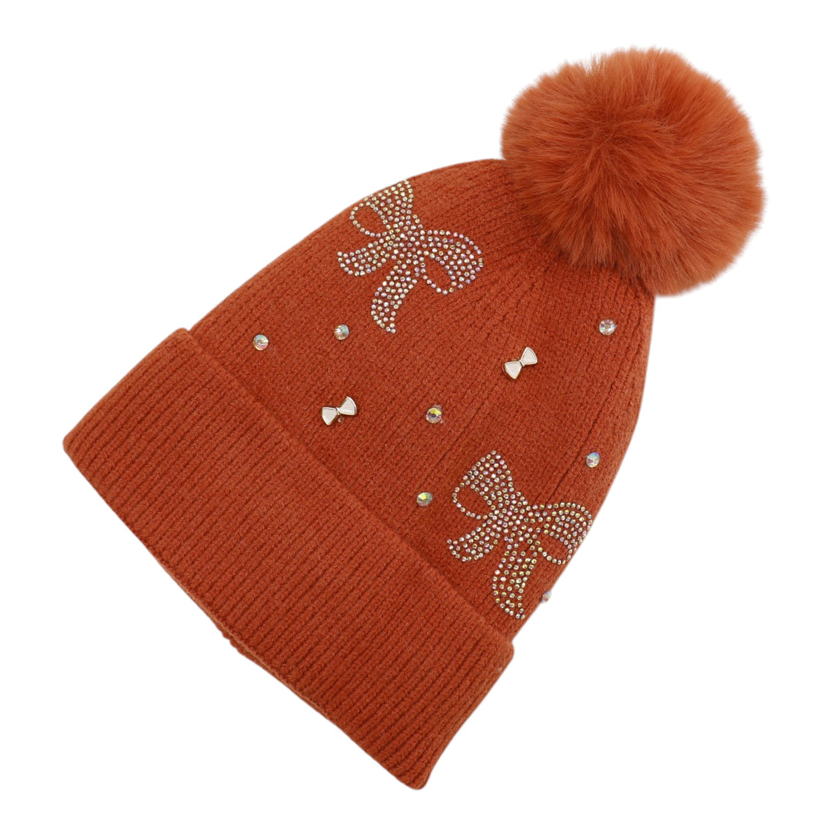 Pom Pom Knitted Beanie With Rhinestone H20-57 (12PC)