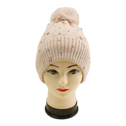 Pom Pom Knitted Beanie With Rhinestone H20-60 (12PC)
