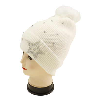 Pom Pom Knitted Beanie With Rhinestone H20-59 (12PC)