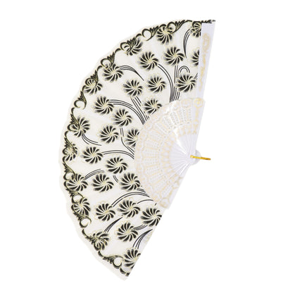 Black Floral Gold Glitter White Frame Hand Held Folding Fan JF6323-3 (12PC)