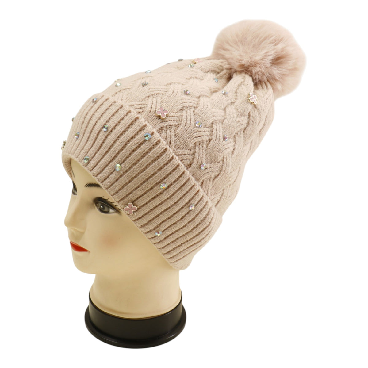 Pom Pom Knitted Beanie With Rhinestone H20-60 (12PC)
