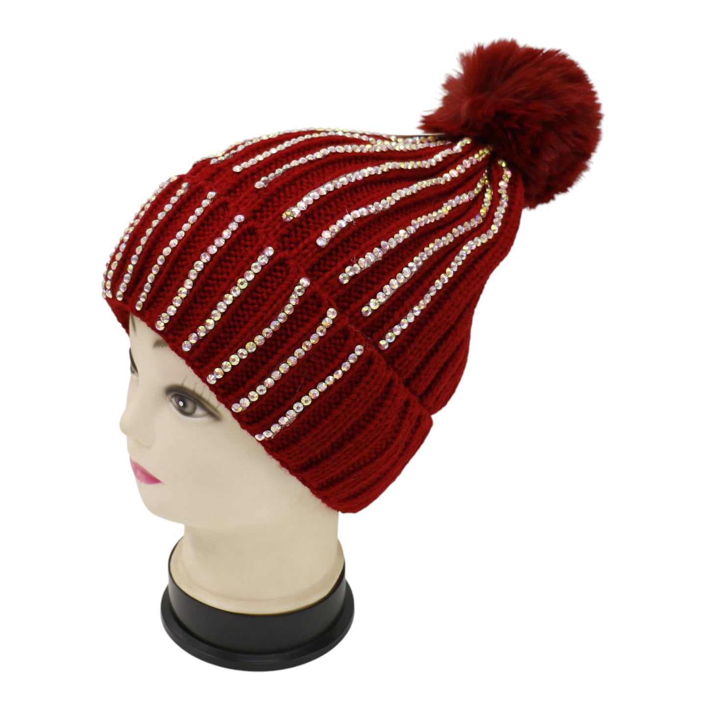 Pom Pom Rhinestone Decor Beanie H20-44. (12PC)