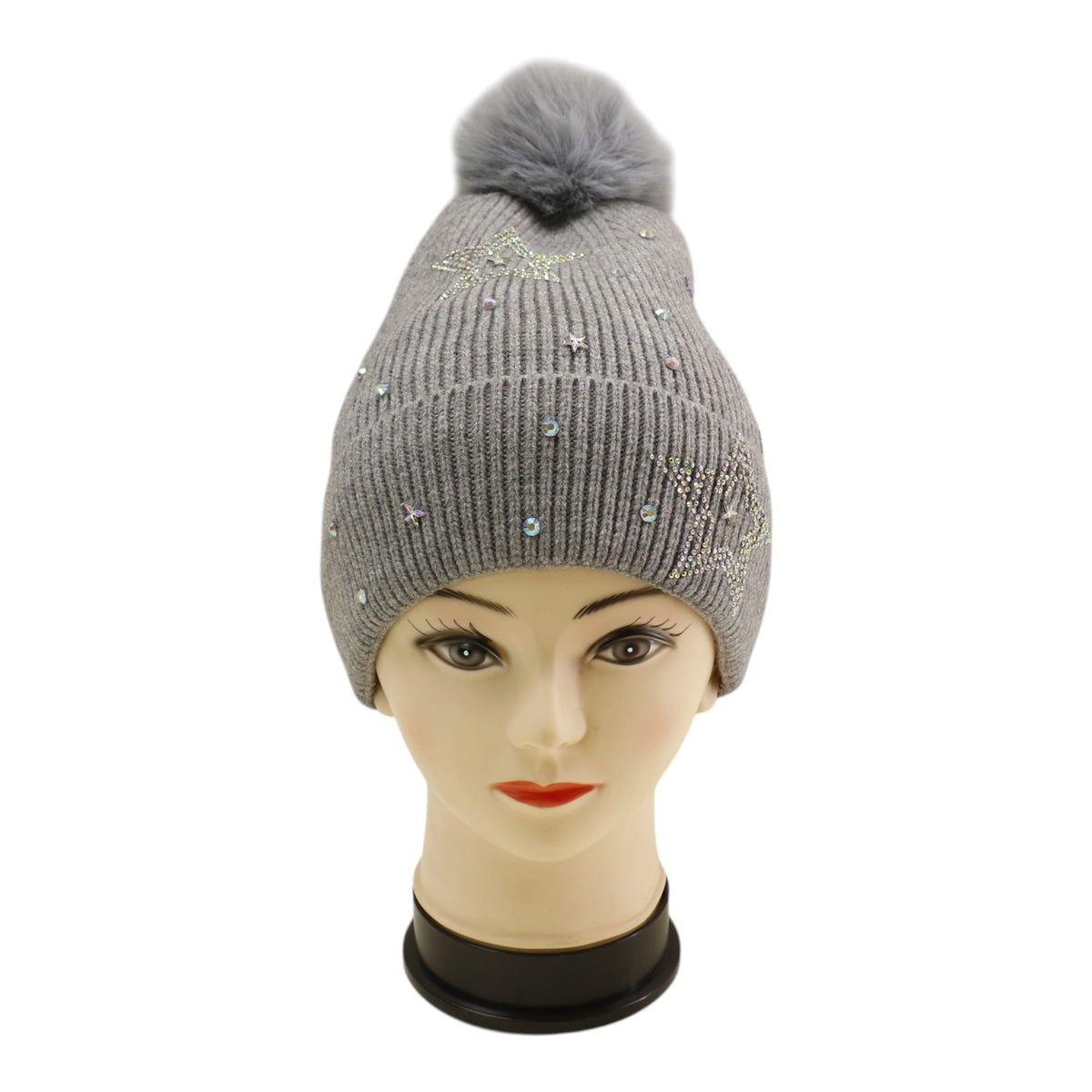 Pom Pom Knitted Beanie With Rhinestone H20-59 (12PC)