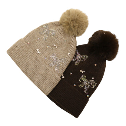 Pom Pom Knitted Beanie With Rhinestone H20-57 (12PC)
