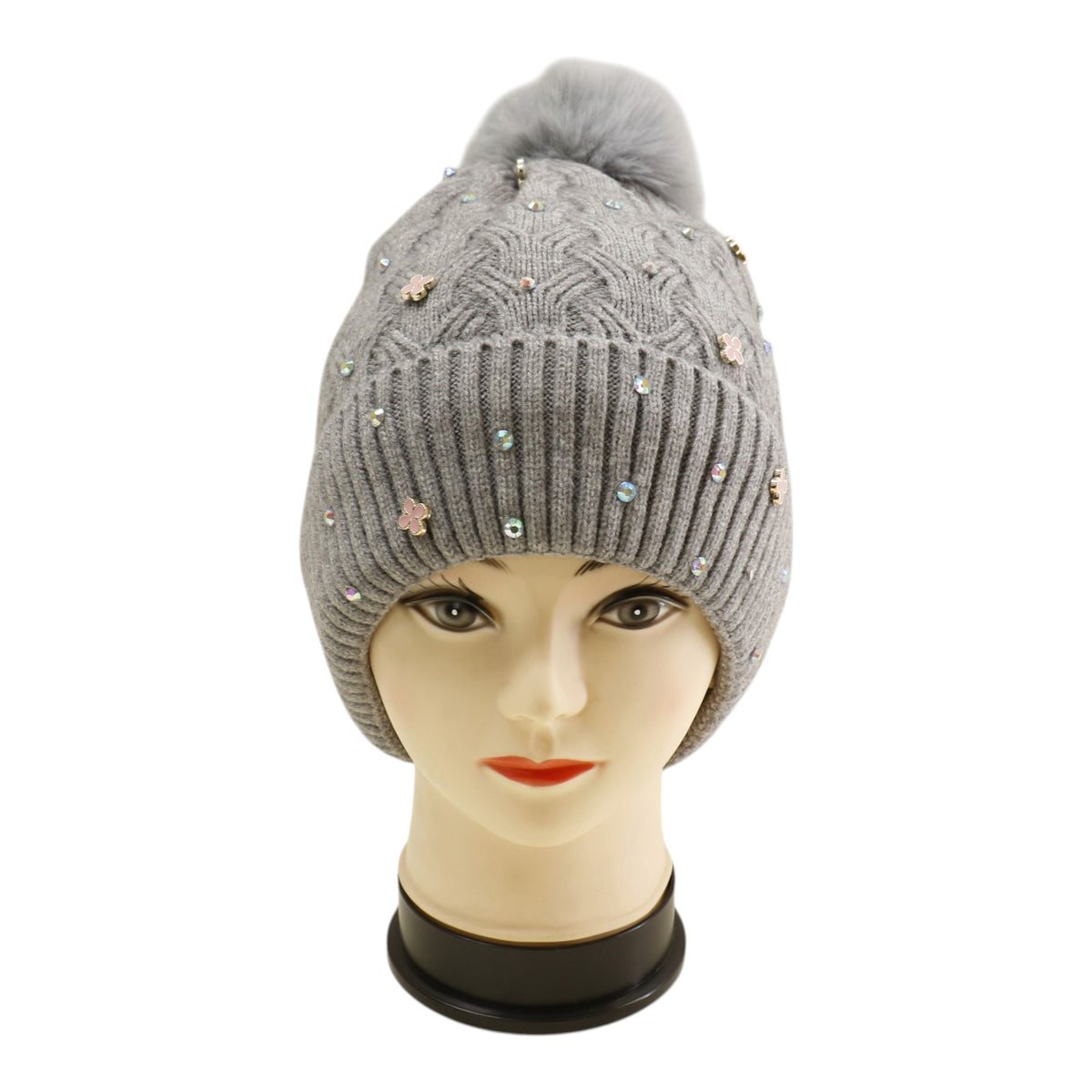 Pom Pom Knitted Beanie With Rhinestone H20-60 (12PC)
