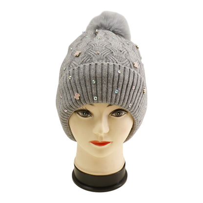 Pom Pom Knitted Beanie With Rhinestone H20-60 (12PC)
