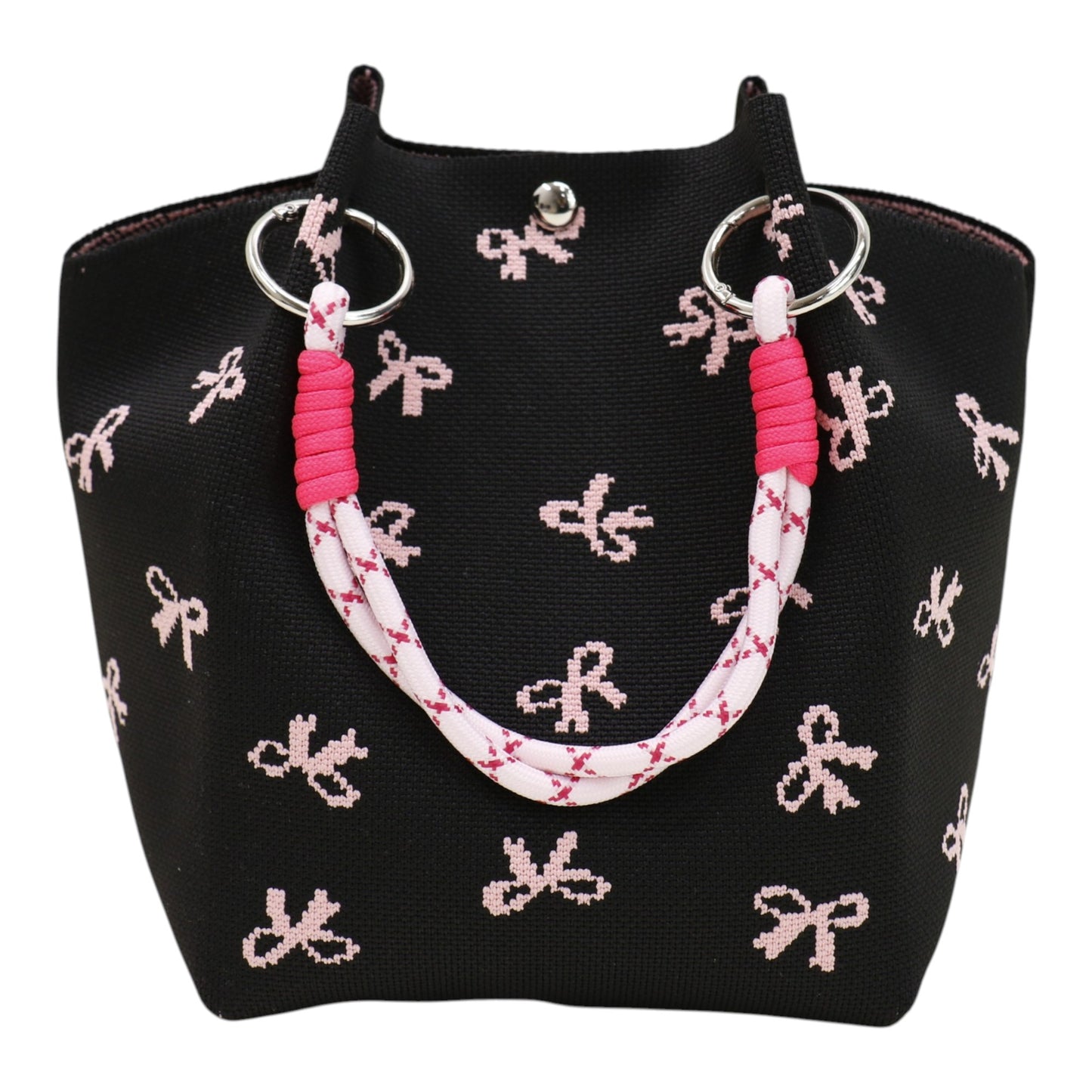 Pink Ribbon Pattern Cord Strap Knitted Tote Bag BG6313-4.(3PC)
