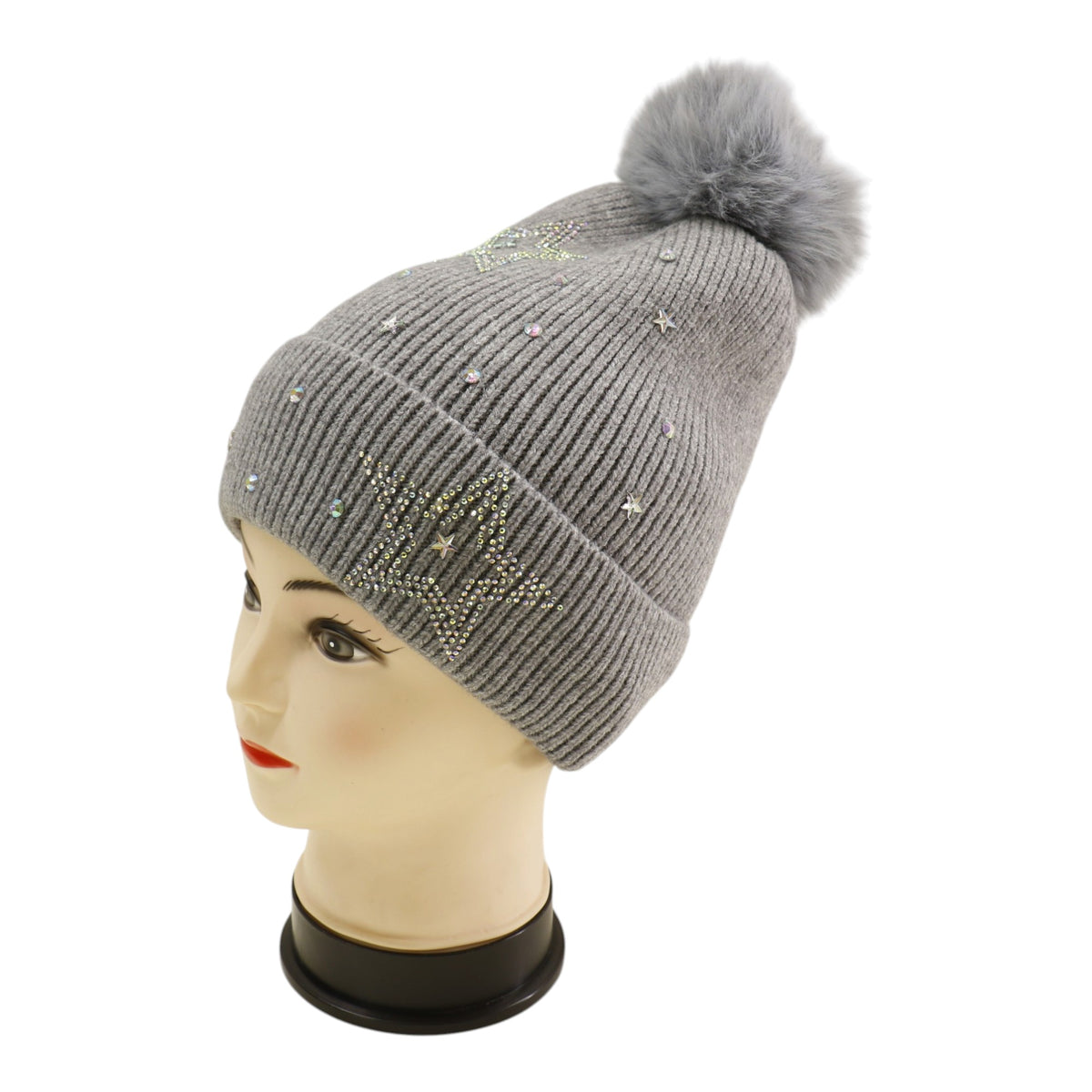 Pom Pom Knitted Beanie With Rhinestone H20-59 (12PC)