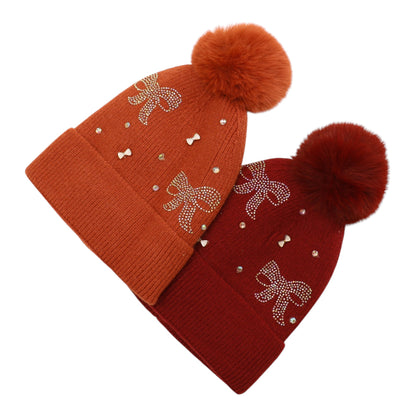 Pom Pom Knitted Beanie With Rhinestone H20-57 (12PC)