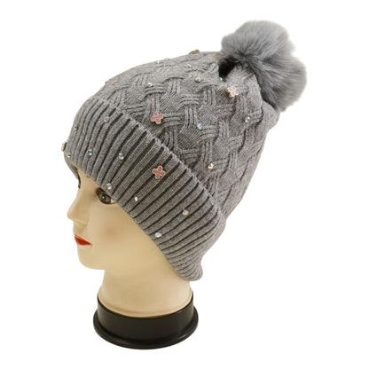 Pom Pom Knitted Beanie With Rhinestone H20-60 (12PC)