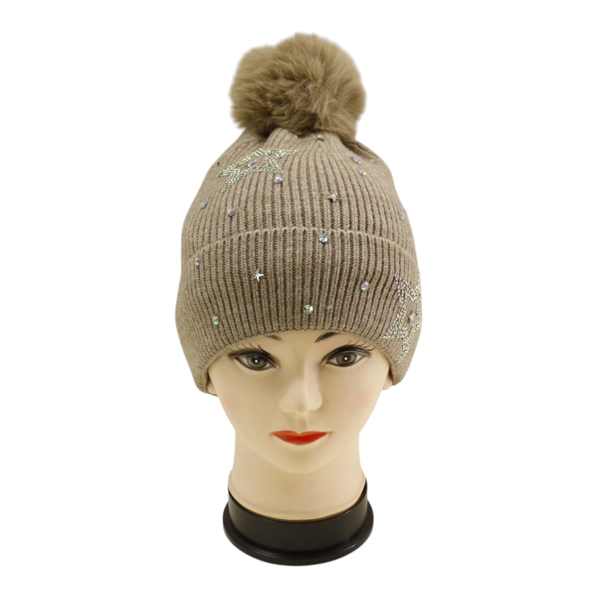 Pom Pom Knitted Beanie With Rhinestone H20-59 (12PC)