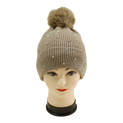 Pom Pom Knitted Beanie With Rhinestone H20-59 (12PC)