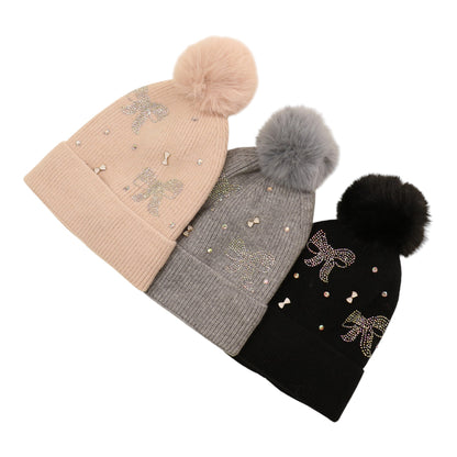 Pom Pom Knitted Beanie With Rhinestone H20-57 (12PC)